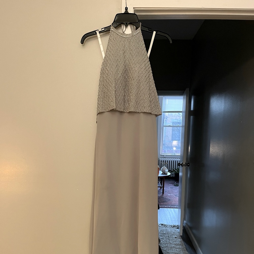 Adrianna Papell Silver High Neck Gown